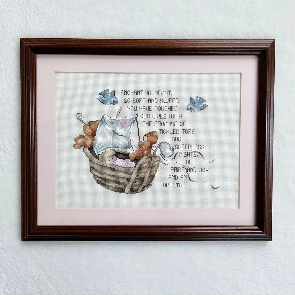 Vintage 1990s Baby Cross Stitch Sampler Framed Nursery Wall Art Cottagecore